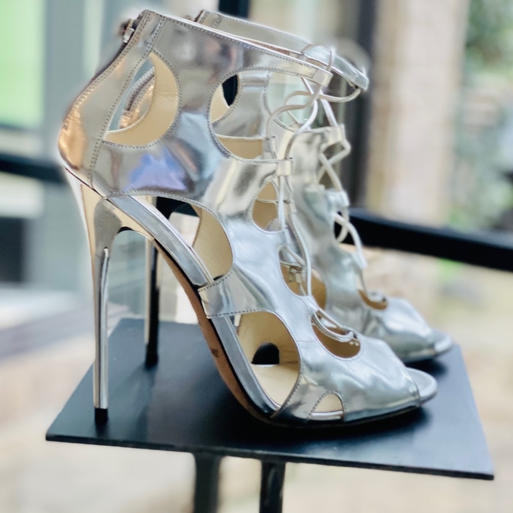 Authentic Jimmy Choo Silver Leather Gladiator Stilettos, Size 39